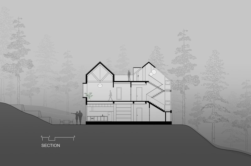 Section drawing revealing multi-level interior spaces with pitched roofs and a diagonal staircase on sloping terrain