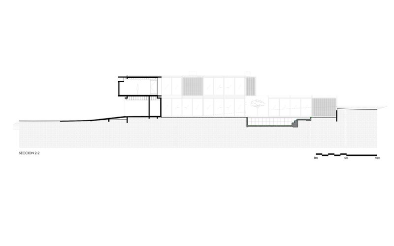 Section drawing revealing staggered floor plates and facades responding to sloping terrain