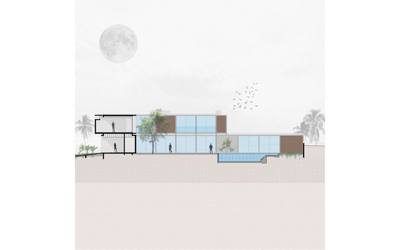 Section drawing showing glazed volumes with rooftop trees, palms, and a full moon overhead