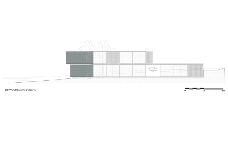 Lateral elevation drawing showing a horizontal composition with solid panels and gridded glazing