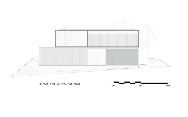 Front elevation drawing showing offset stacked volumes with vertical slat screens and a sloped site