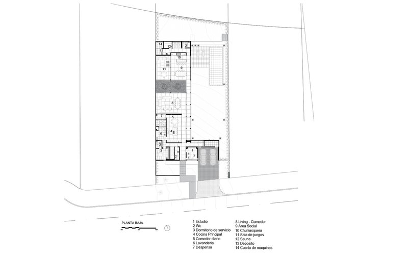 Ground floor plan showing L-shaped building with interior courtyard and pool on a sloped site