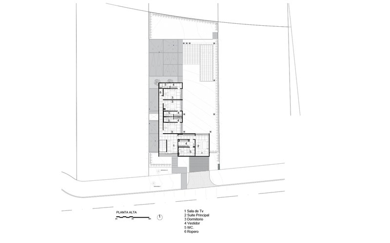 Upper floor plan showing smaller L-shaped footprint with terrace and pool deck below