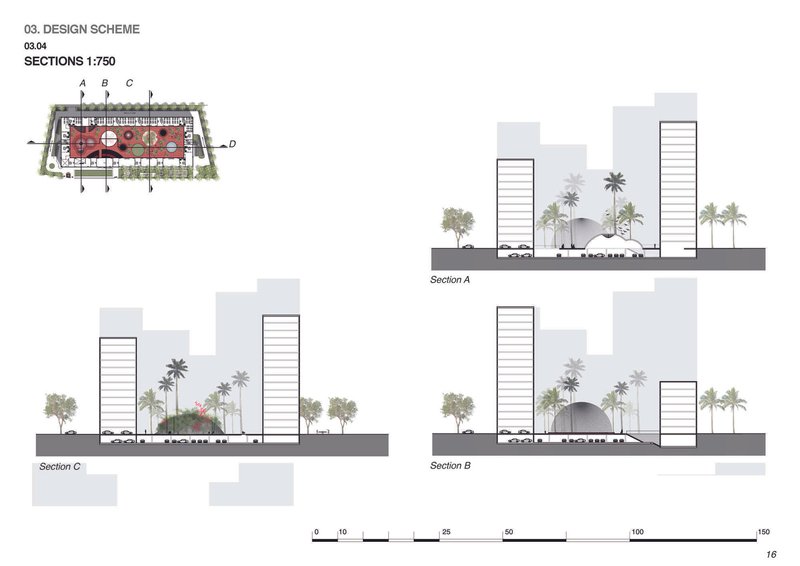 Section drawings showing relationship between courtyard and flanking residential towers with palm trees
