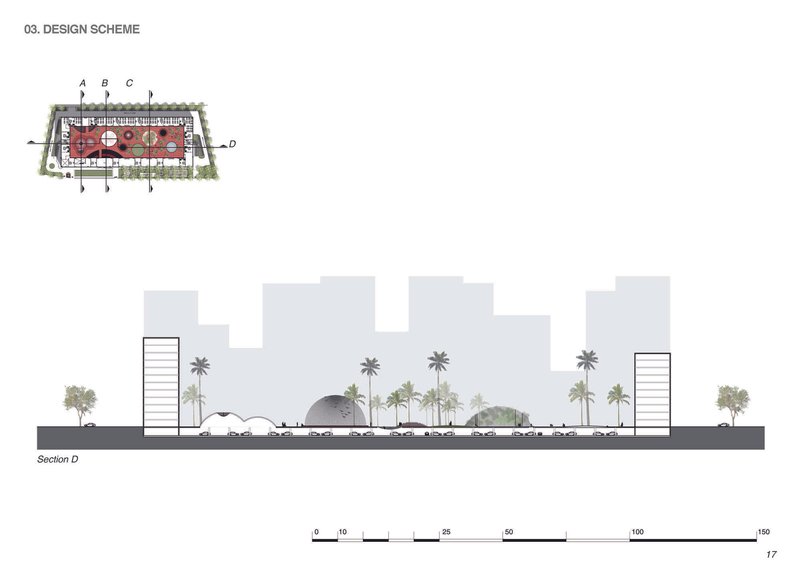 Section drawing showing longitudinal view through courtyard with dome structure flanked by towers and palm trees