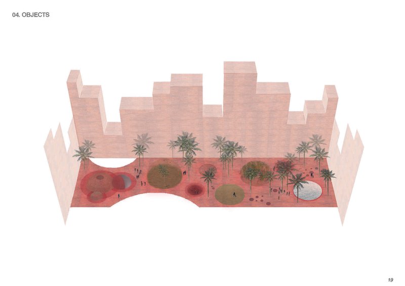 Axonometric view of the courtyard with circular planted mounds and palm trees between surrounding residential blocks