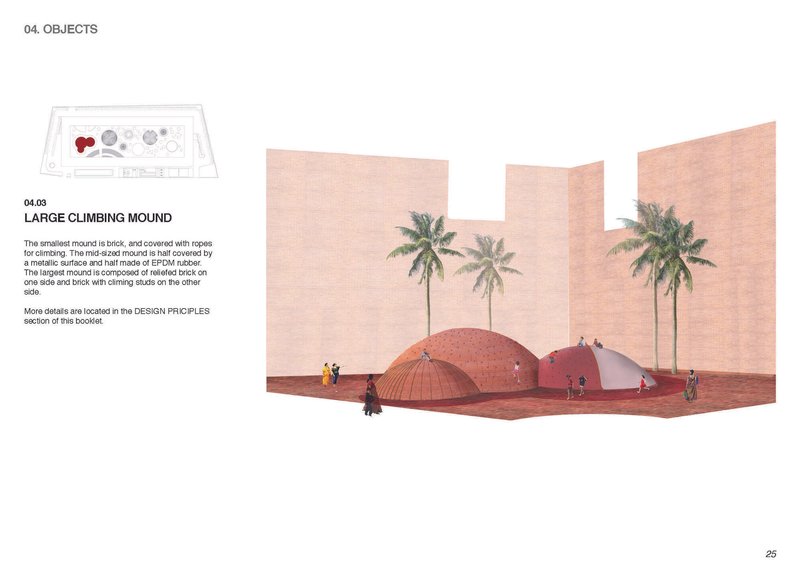 Three rope-covered climbing mounds in a courtyard framed by pink walls and palm trees