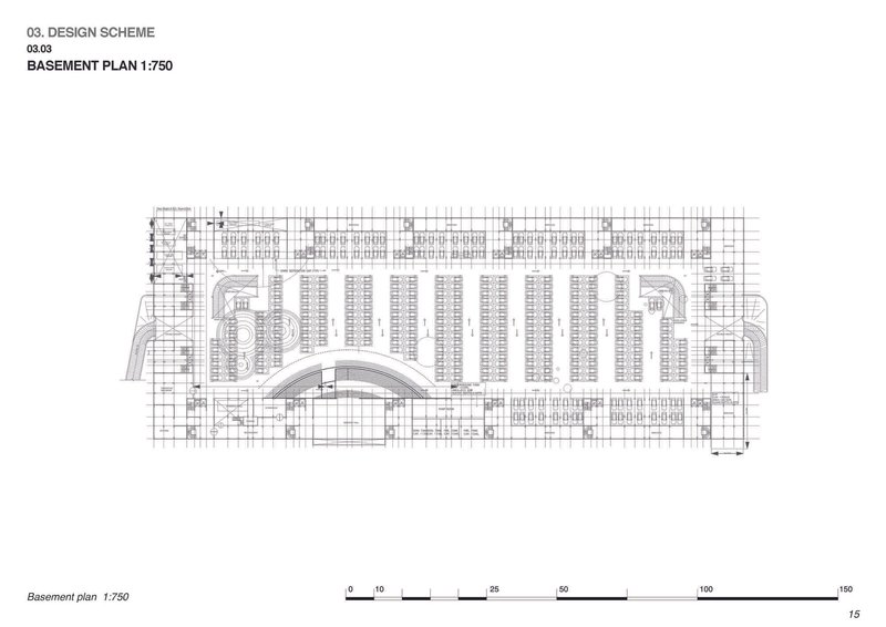 Basement plan drawing at 1:750 scale revealing parking rows and a curved entrance below the residential block