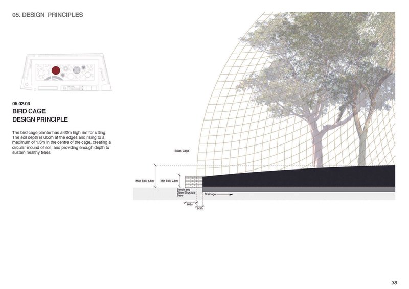 Section drawing showing wire mesh bird cage with trees and drainage system below brick pavers