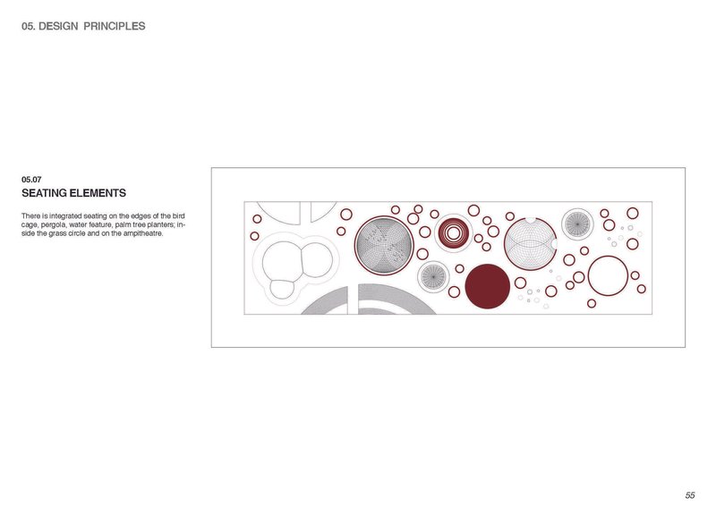 Plan drawing showing circular seating elements and water features scattered across a rectangular site