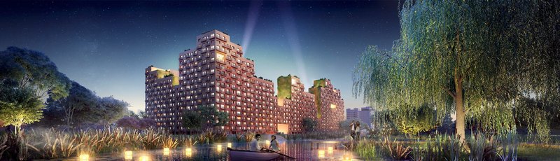Night rendering of illuminated brick apartment towers across a waterway with willow trees