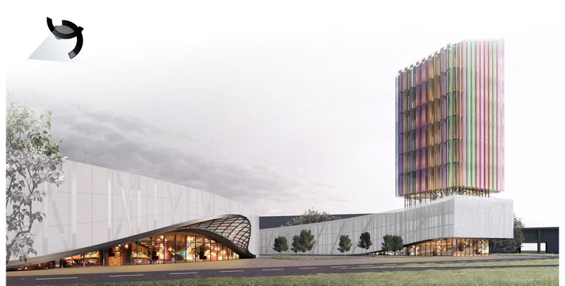 Street-level view of Vector Hub, combining public fashion spaces, glazed entrances, and a vibrant landmark tower.