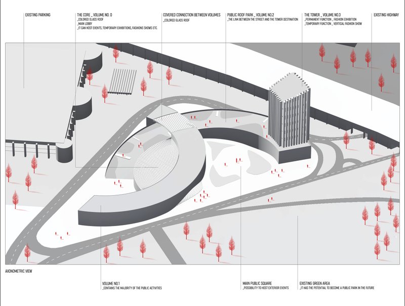 Axonometric view showing Vector Hub’s public roof park, exhibition volumes, tower, plaza, and urban connections.
