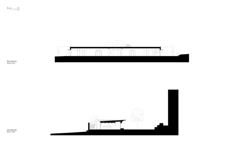Section drawings showing the low-profile structure with clerestory openings and an adjacent tower volume
