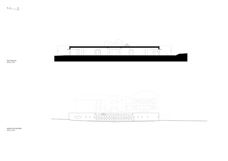 North elevation drawing depicting the horizontal building profile with terraced landscape integration