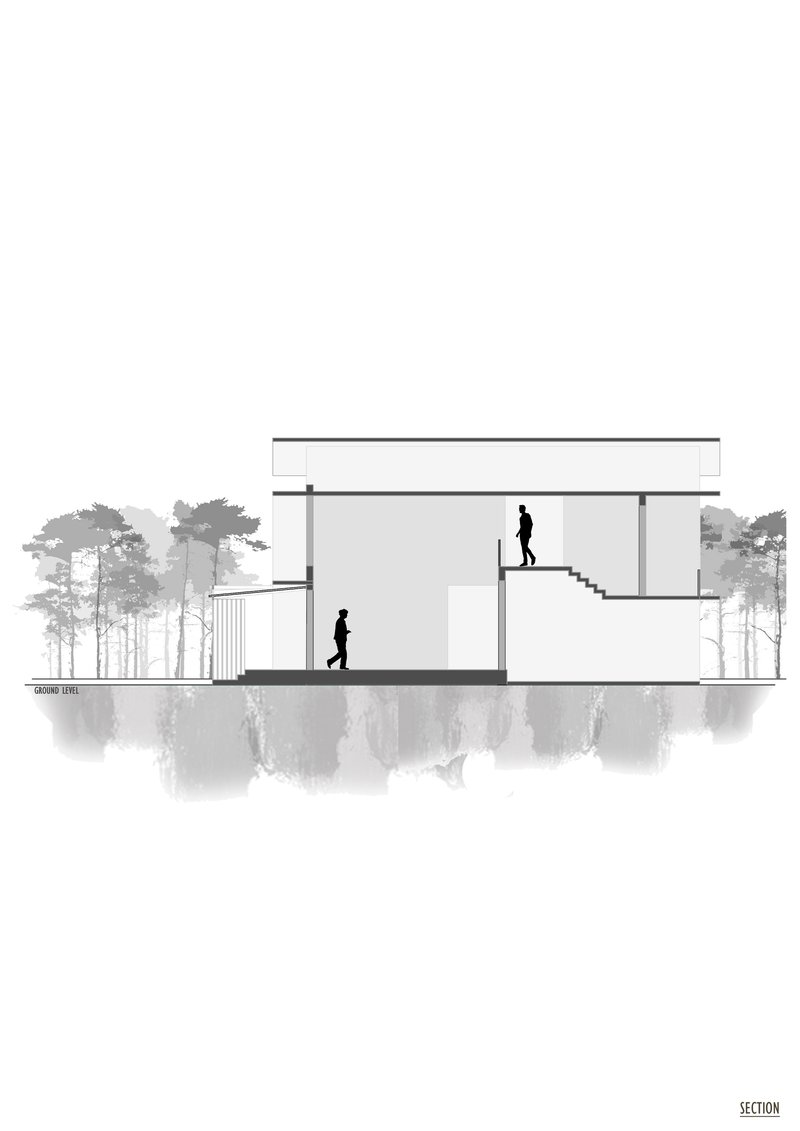 Section drawing revealing split-level interior spaces with figures on stairs and upper floor against a forested backdrop