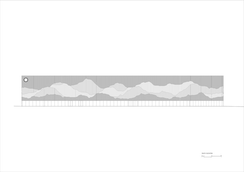 Elevation drawing depicting the undulating roof profile with vertical timber cladding below