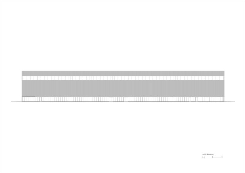 Elevation drawing showing the flat horizontal facade with a continuous upper clerestory band