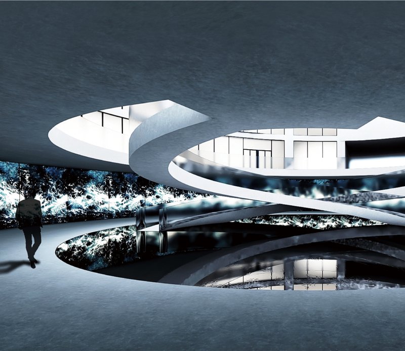 Immersive underground square with curved ramps, reflective surfaces, and media walls.
