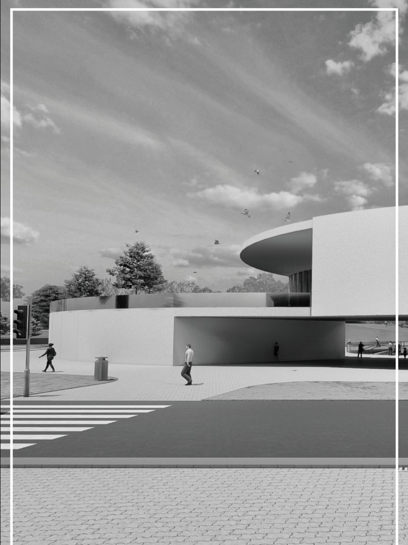 Black-and-white exterior view emphasizing the building’s clean massing and civic character.