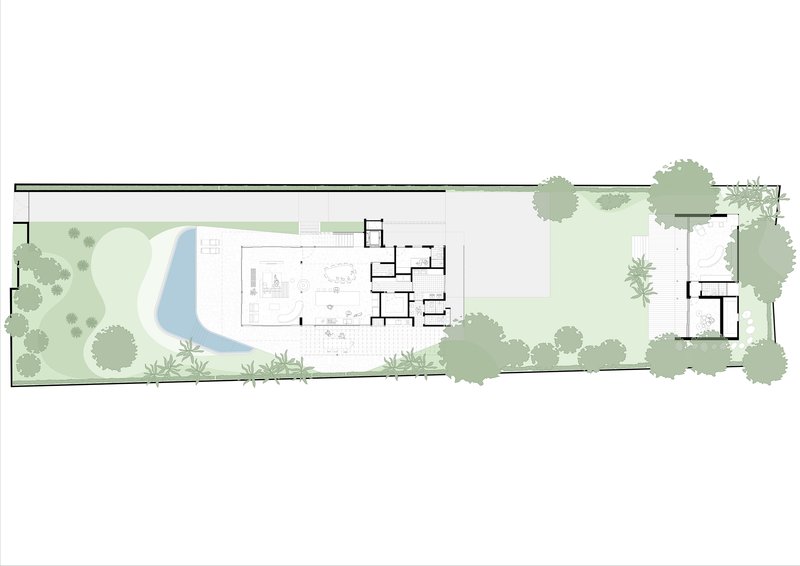 Ground floor plan showing a curving pool, linear building volume, and surrounding landscape with trees