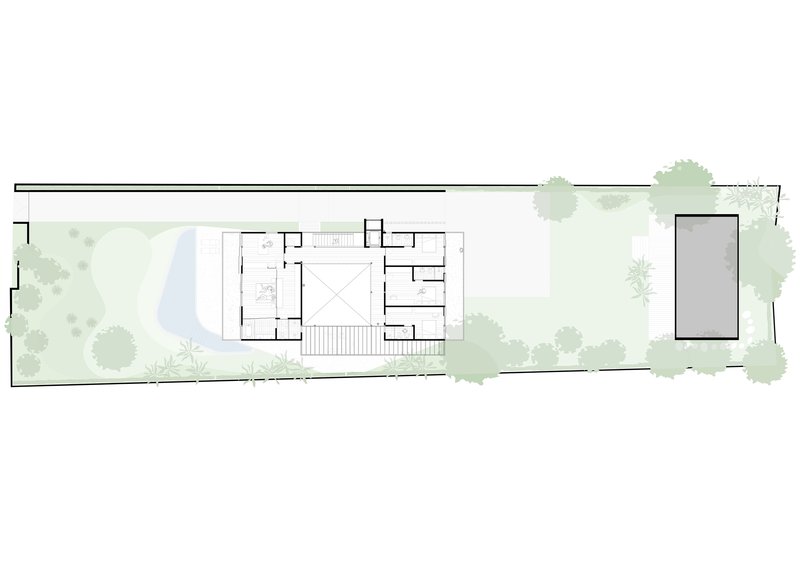 Upper floor plan depicting room layouts, central stairwell, and adjacent gardens with pool and trees