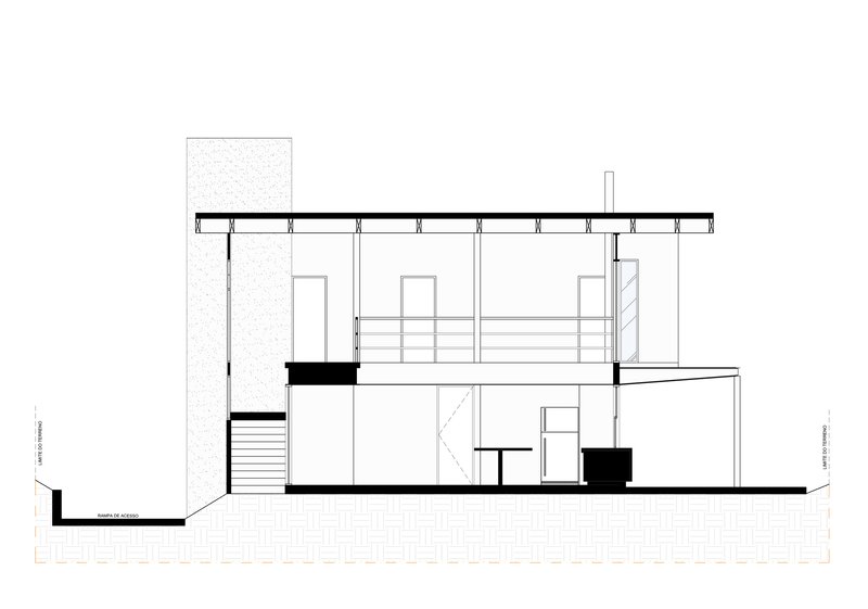 Section drawing revealing two-story interior volumes, staircase, and flat roof with exposed structural beams