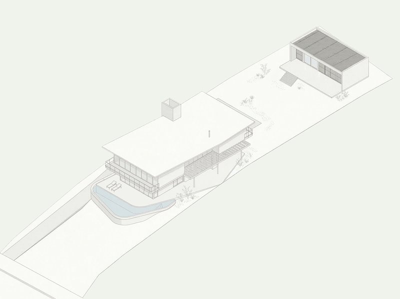 Axonometric drawing showing two low-rise volumes connected by a covered walkway with a curved water feature