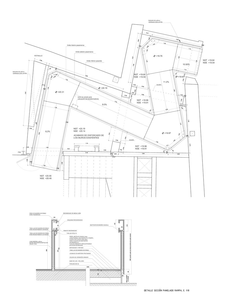 Floor plan and wall section details showing angled wall assemblies with material annotations in Spanish