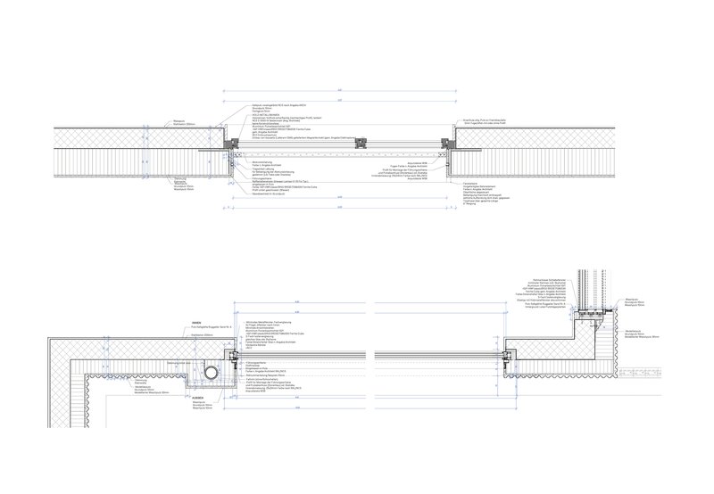 Construction detail drawings showing roof and foundation assembly connections with material callouts