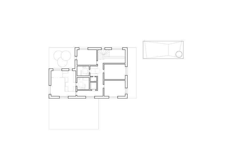 Upper floor plan drawing showing bedroom layout with central stair and adjacent pool outline