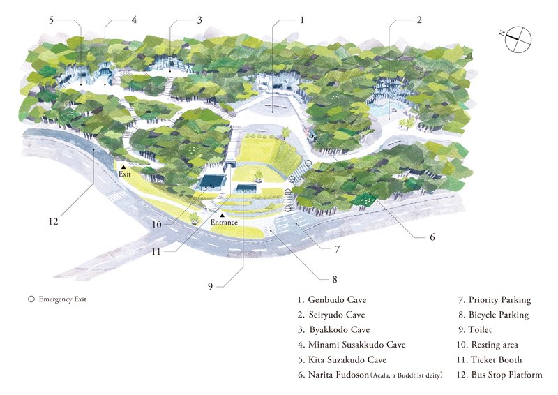 Watercolor site plan drawing showing forested landscape with numbered zones and parking areas
