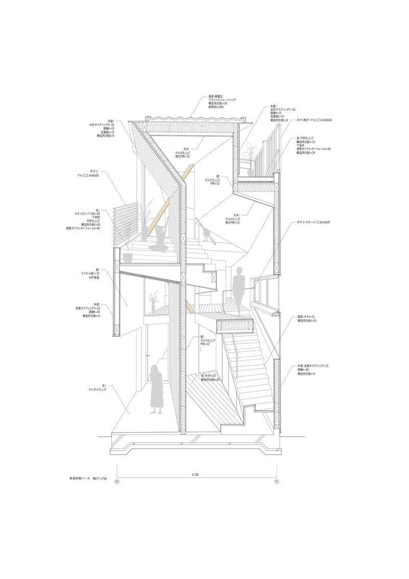 Section drawing showing vertical circulation with stairs connecting split-level floors and two human figures