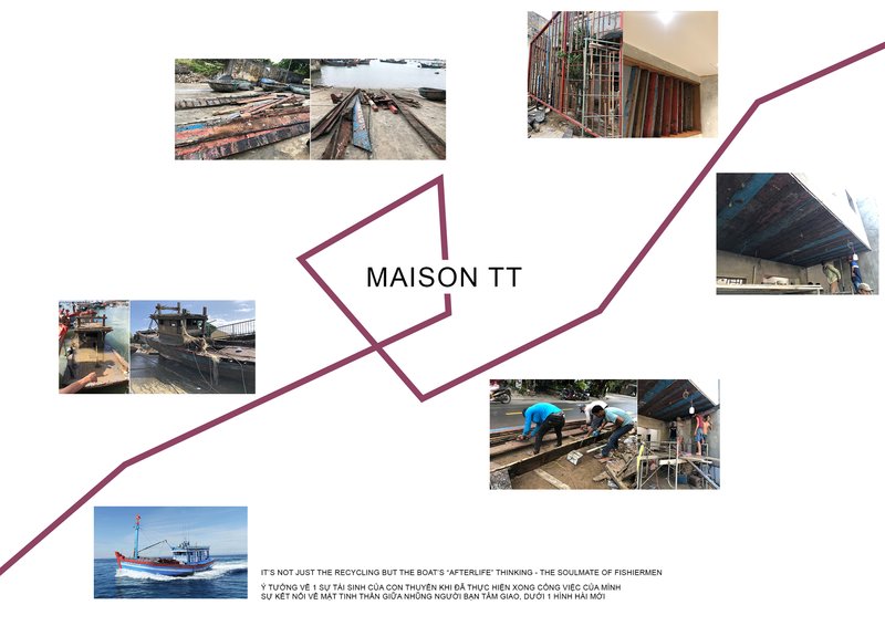 Collage diagram connecting construction photographs of reclaimed boat timber to angled plan geometry