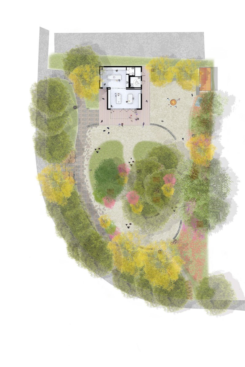 Site plan drawing showing a small structure surrounded by curving pathways and seasonal trees in watercolor