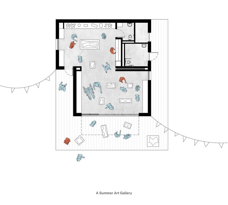 Floor plan drawing showing gallery spaces with scattered figures and an outdoor deck with bunting