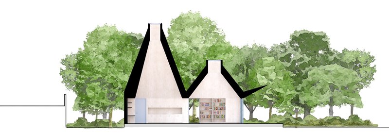 Elevation drawing showing two gabled volumes with tall chimneys nestled among green foliage