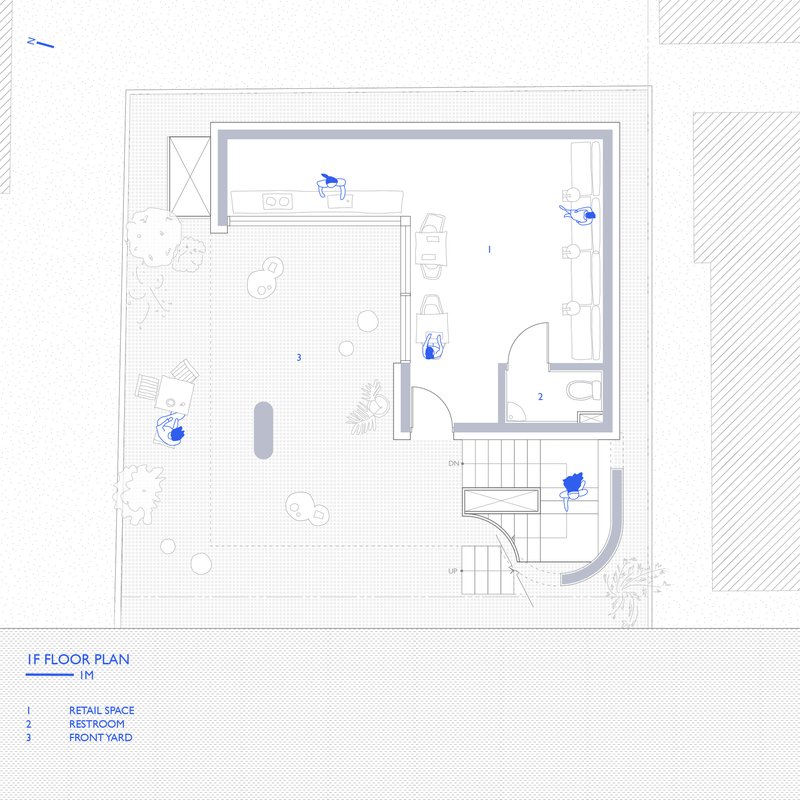 First floor plan drawing showing retail space with front yard and restroom adjacent to stairwell