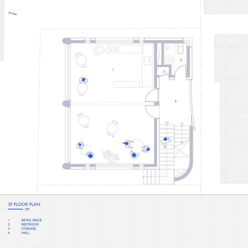 Second floor plan drawing showing retail space with central staircase and enclosed storage hall