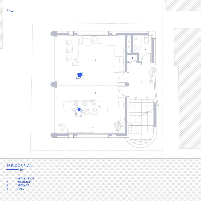 Third floor plan drawing showing retail space with dining area and restroom flanking the stair