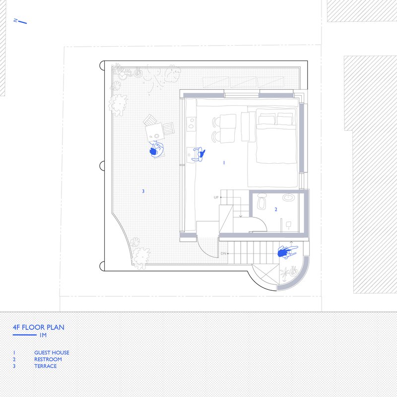 Fourth floor plan drawing showing guest house with terrace, bedroom, and curved restroom volume