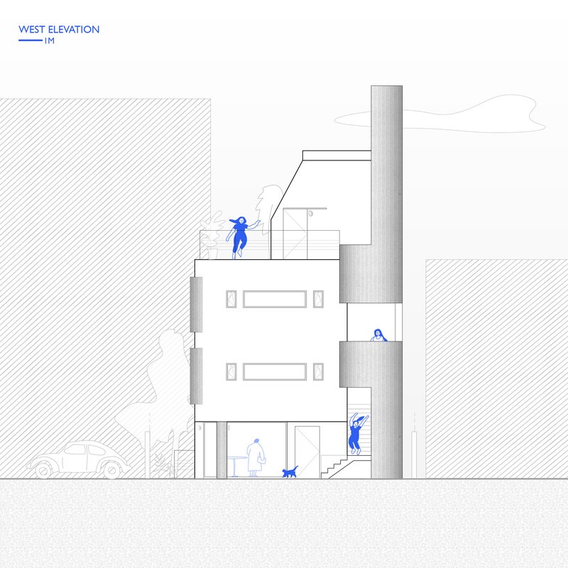 West elevation drawing showing four-story volume with cylindrical shaft and occupants on stepped terraces