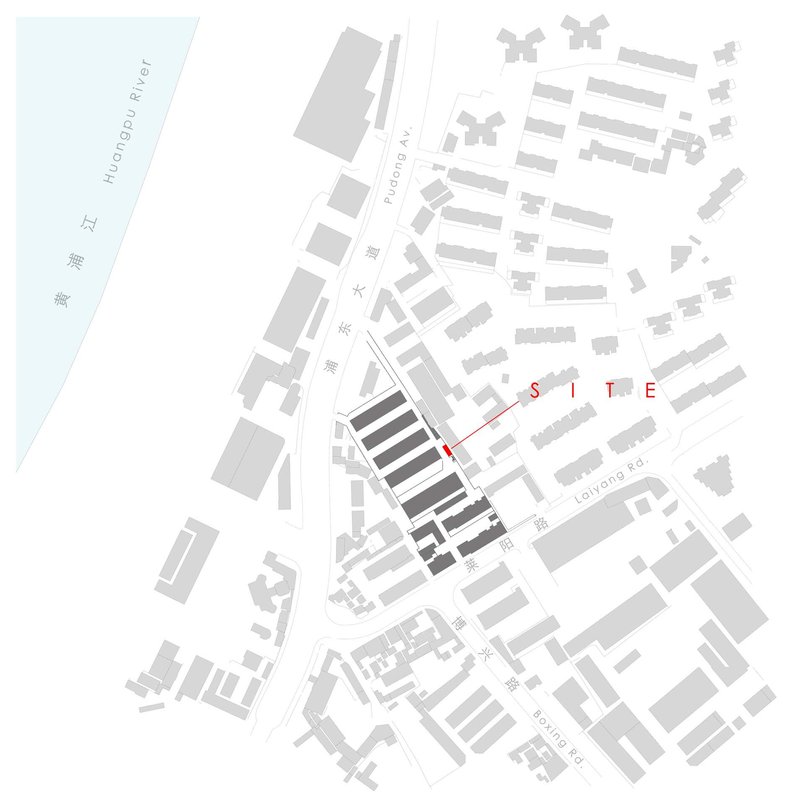 Site plan drawing showing the project location along a narrow street between the Huangpu River and surrounding urban blocks