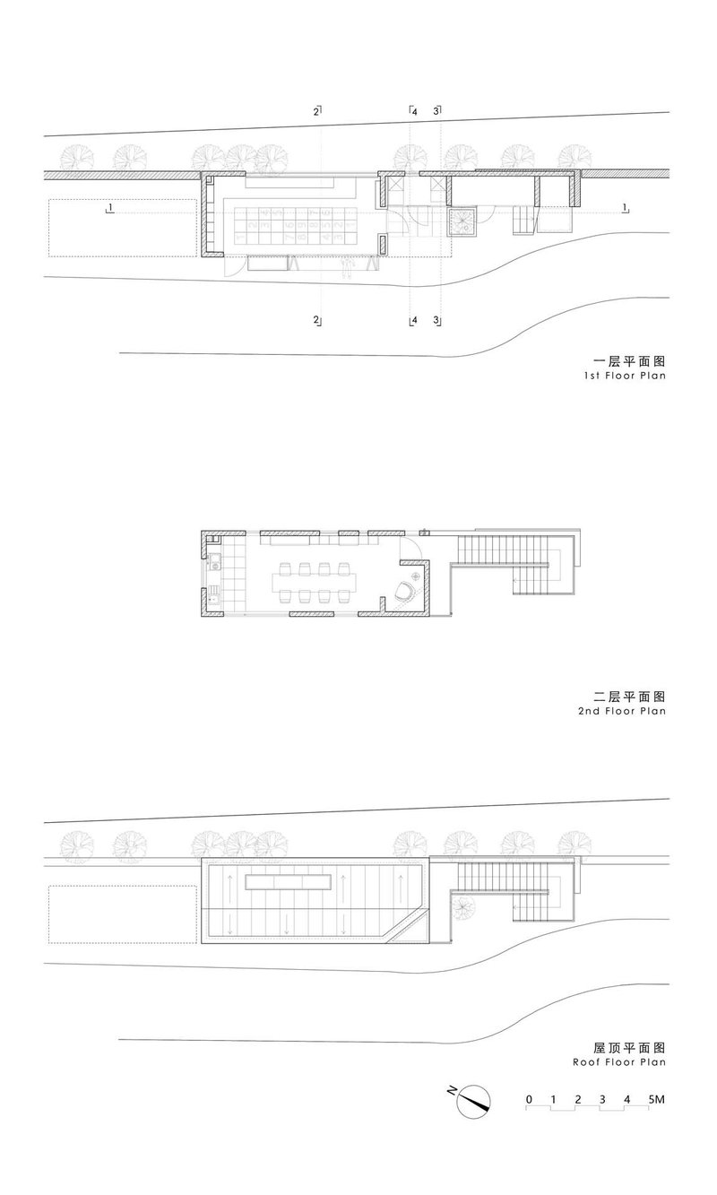 Floor plan drawings showing first floor, second floor, and roof level with street-facing trees indicated in section