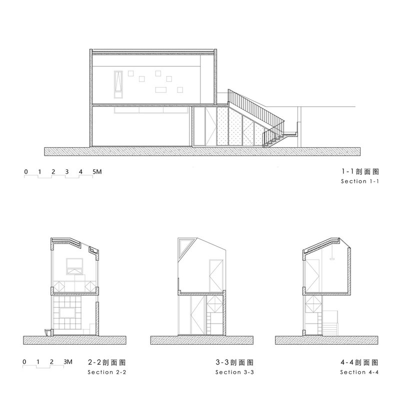Section drawings showing interior spaces, staircase configurations, and structural elements across multiple cutting planes