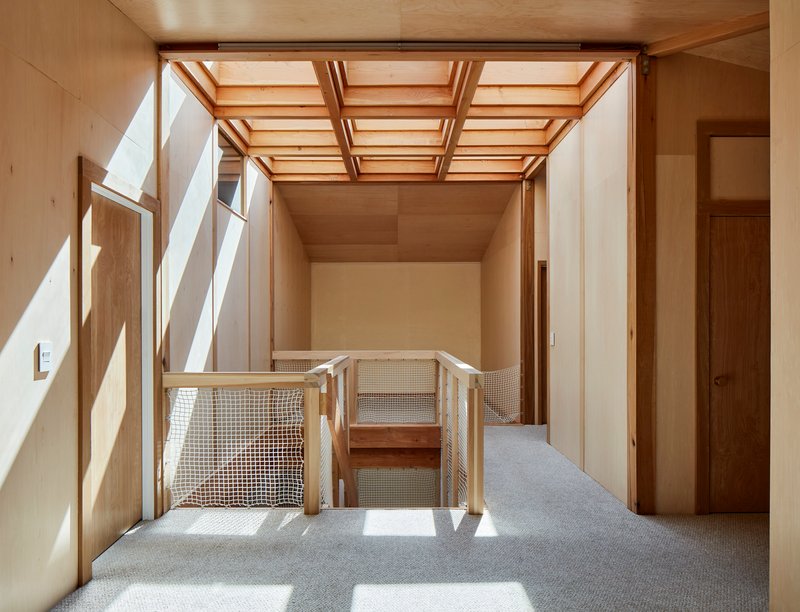 Interior landing with mesh balustrade and timber-framed skylight casting sunlight across carpeted floor