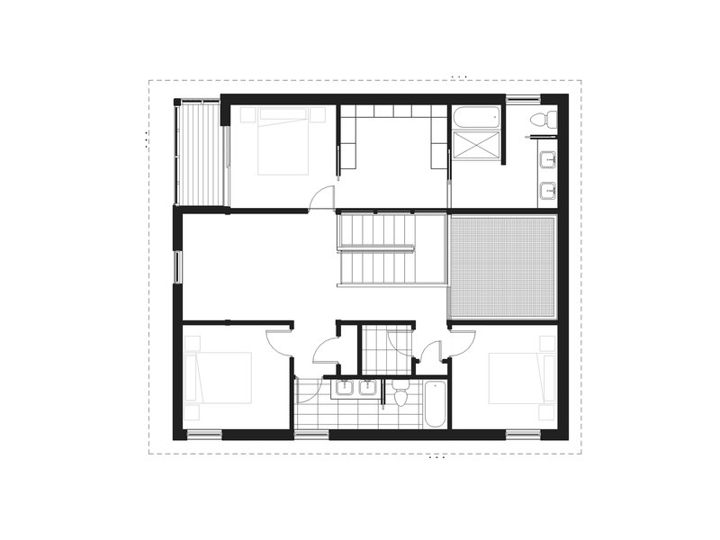 Upper level floor plan drawing depicting three bedrooms arranged around a central bathroom and stair core