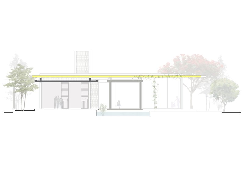 Section drawing showing a single-story pavilion with yellow roof canopy and surrounding trees