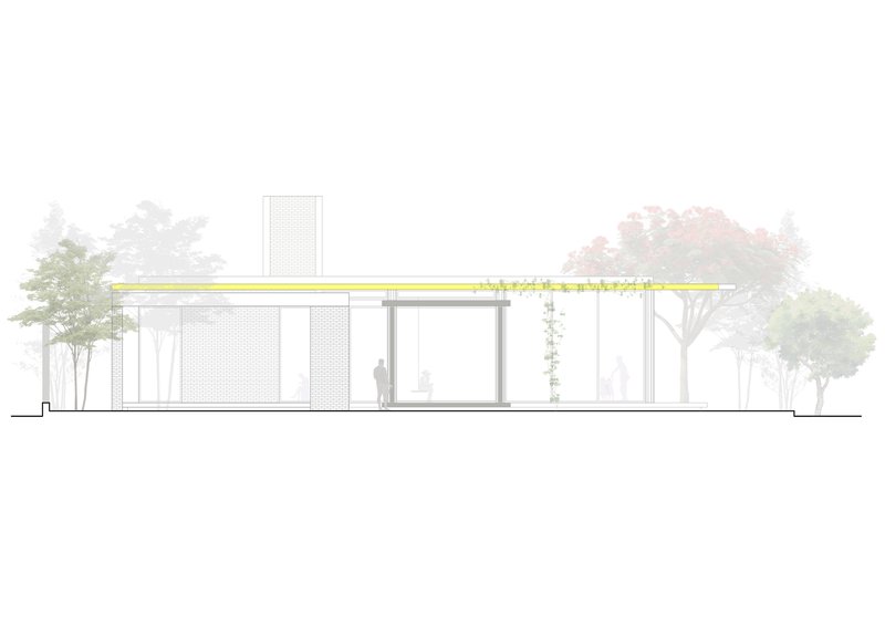 Elevation drawing depicting a low horizontal volume with glass walls and perforated screen tower