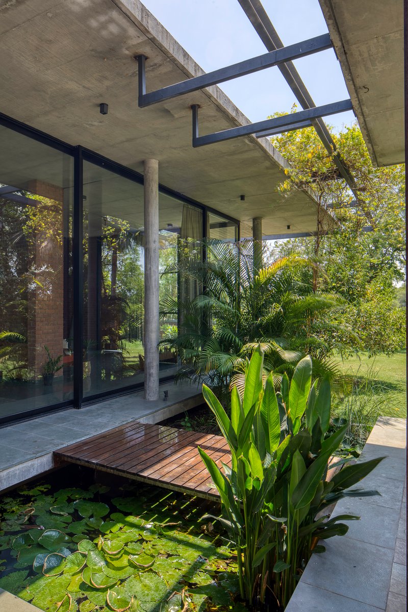 View of timber deck crossing a lily pond beneath concrete cantilevered roof and glazed walls